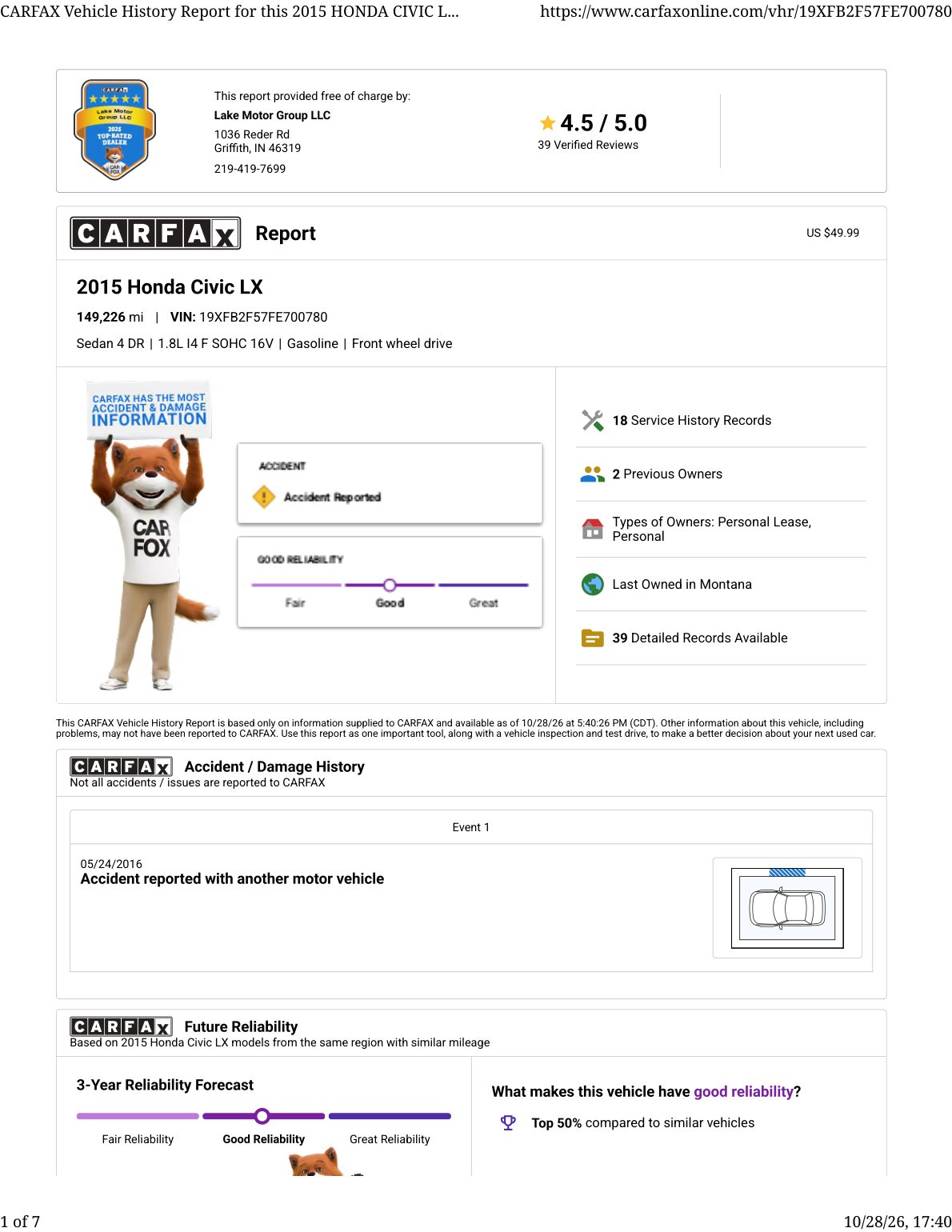 CARFAX vehicle history report — first page