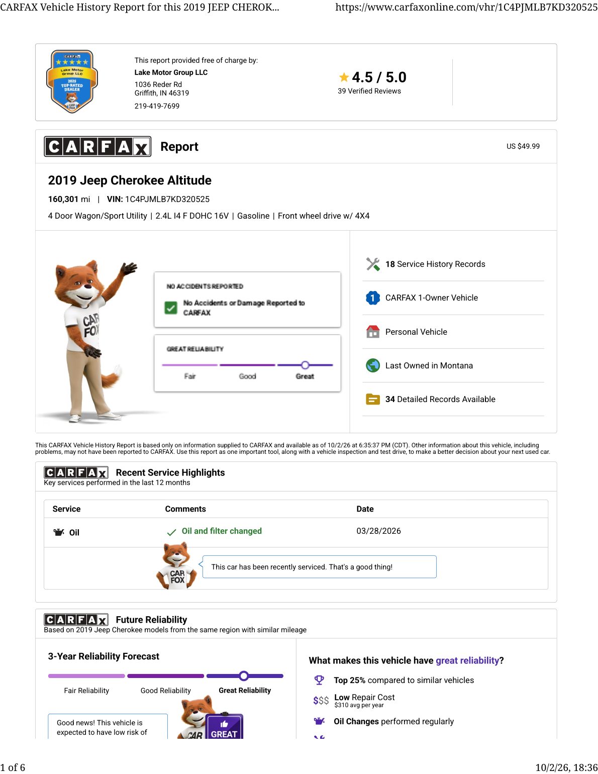 CARFAX vehicle history report — first page