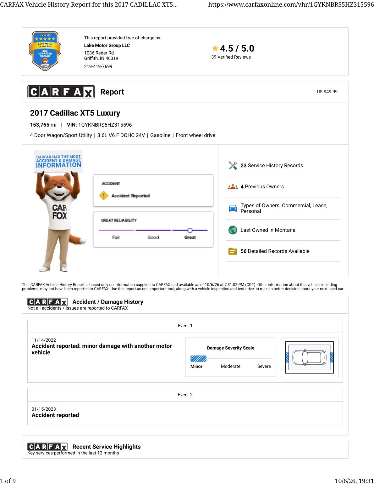 CARFAX vehicle history report — first page