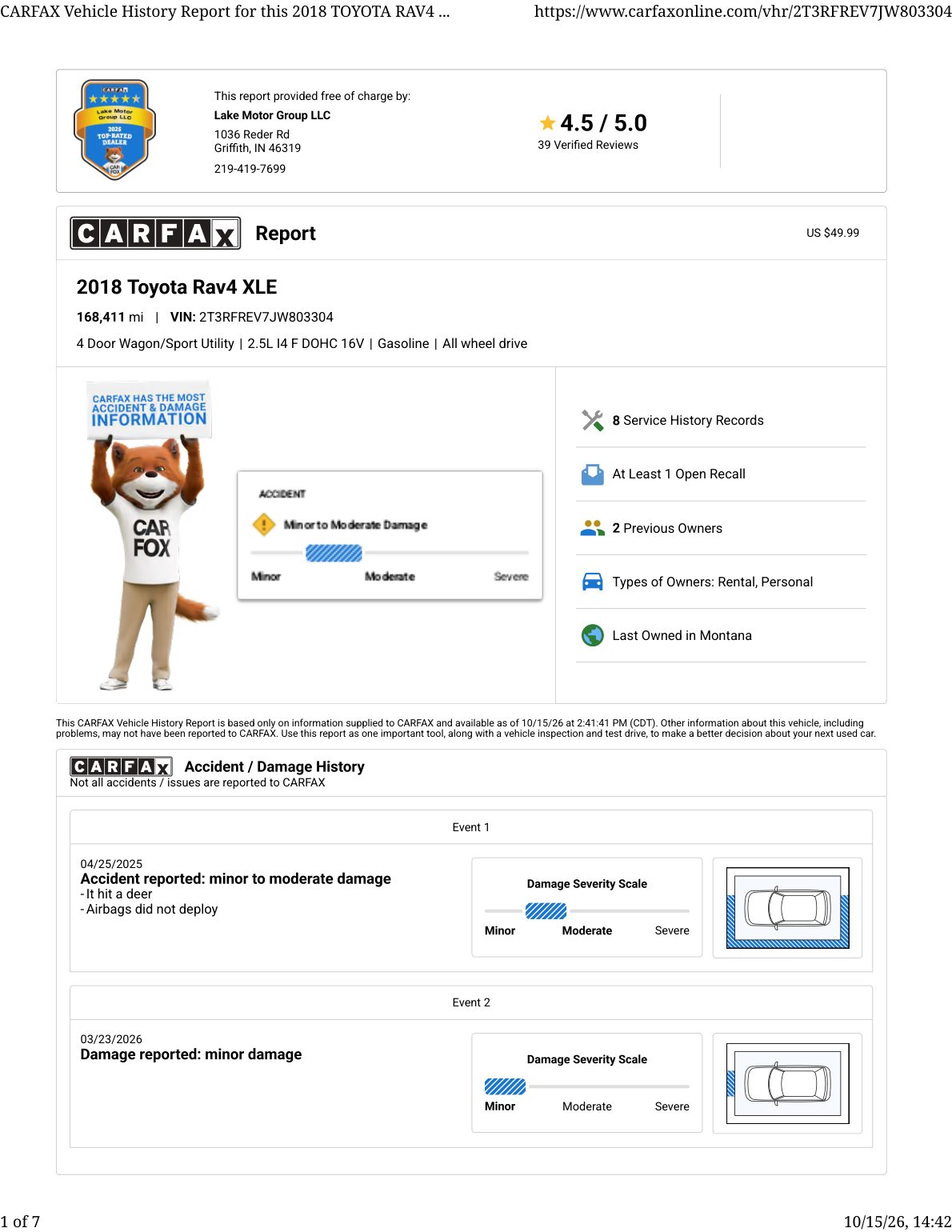 CARFAX vehicle history report — first page