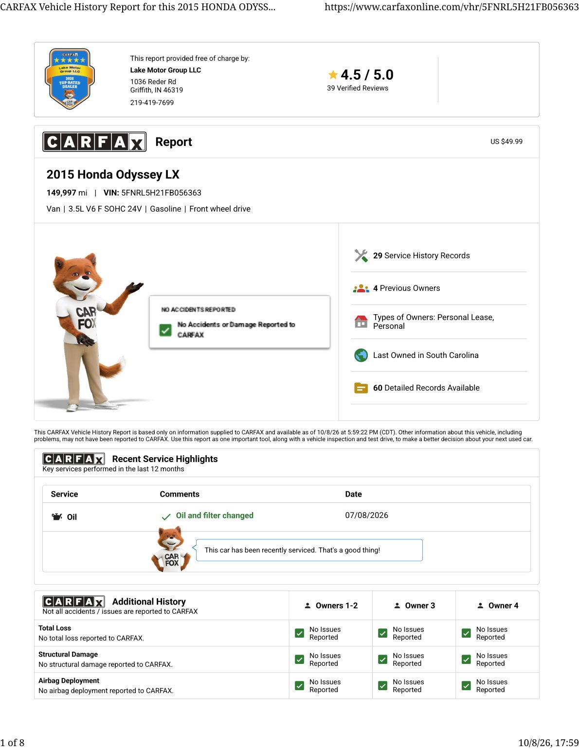 CARFAX vehicle history report — first page