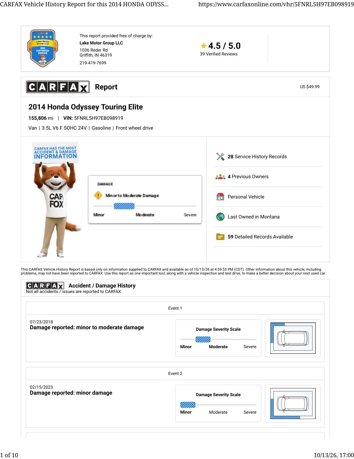 CARFAX vehicle history report — first page