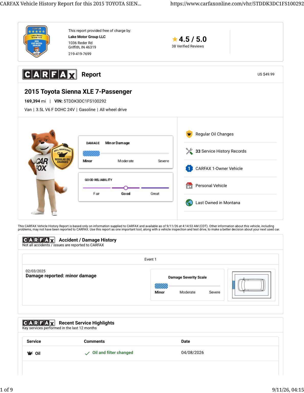 CARFAX vehicle history report — first page