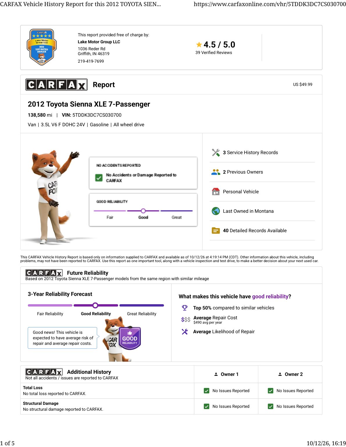 CARFAX vehicle history report — first page