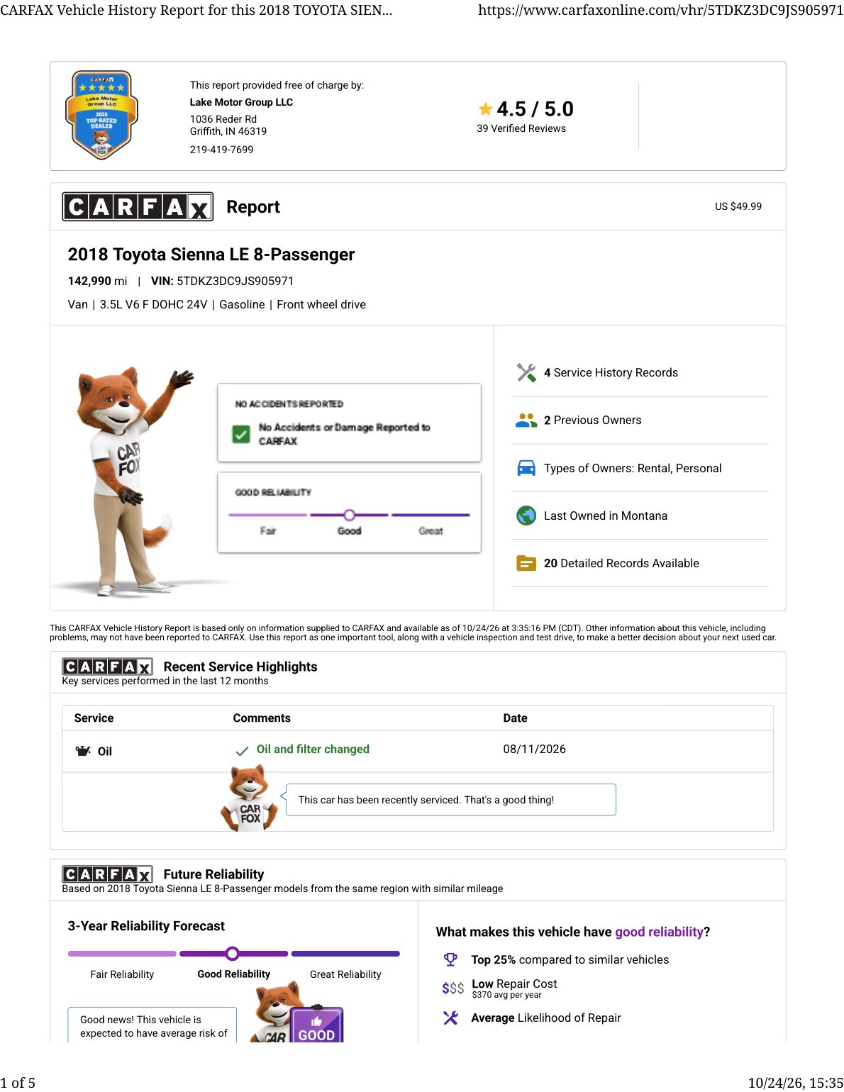 CARFAX vehicle history report — first page