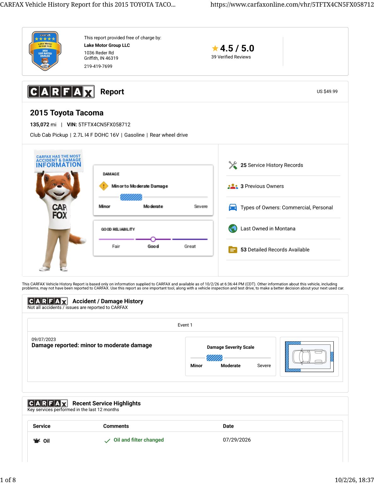 CARFAX vehicle history report — first page