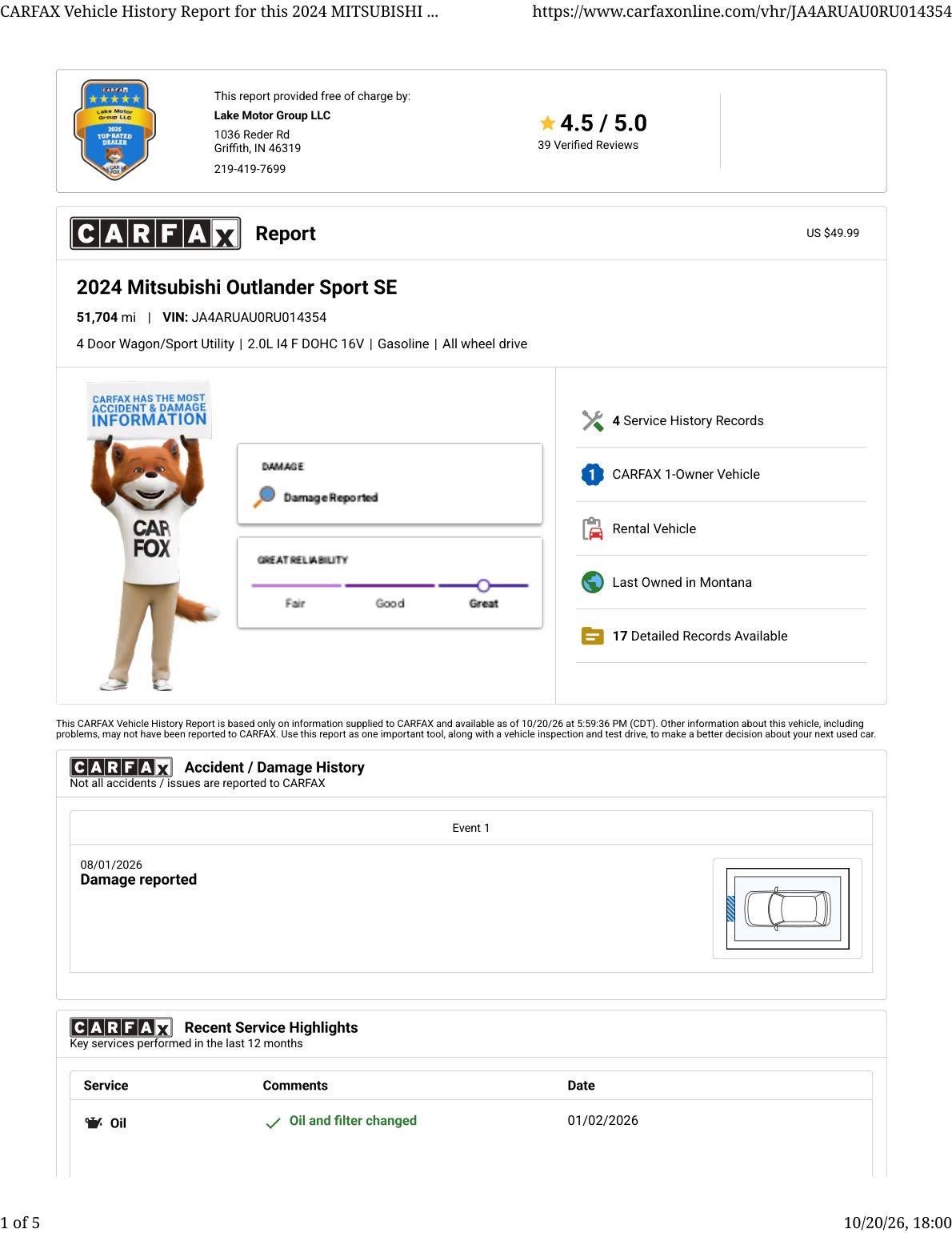 CARFAX vehicle history report — first page