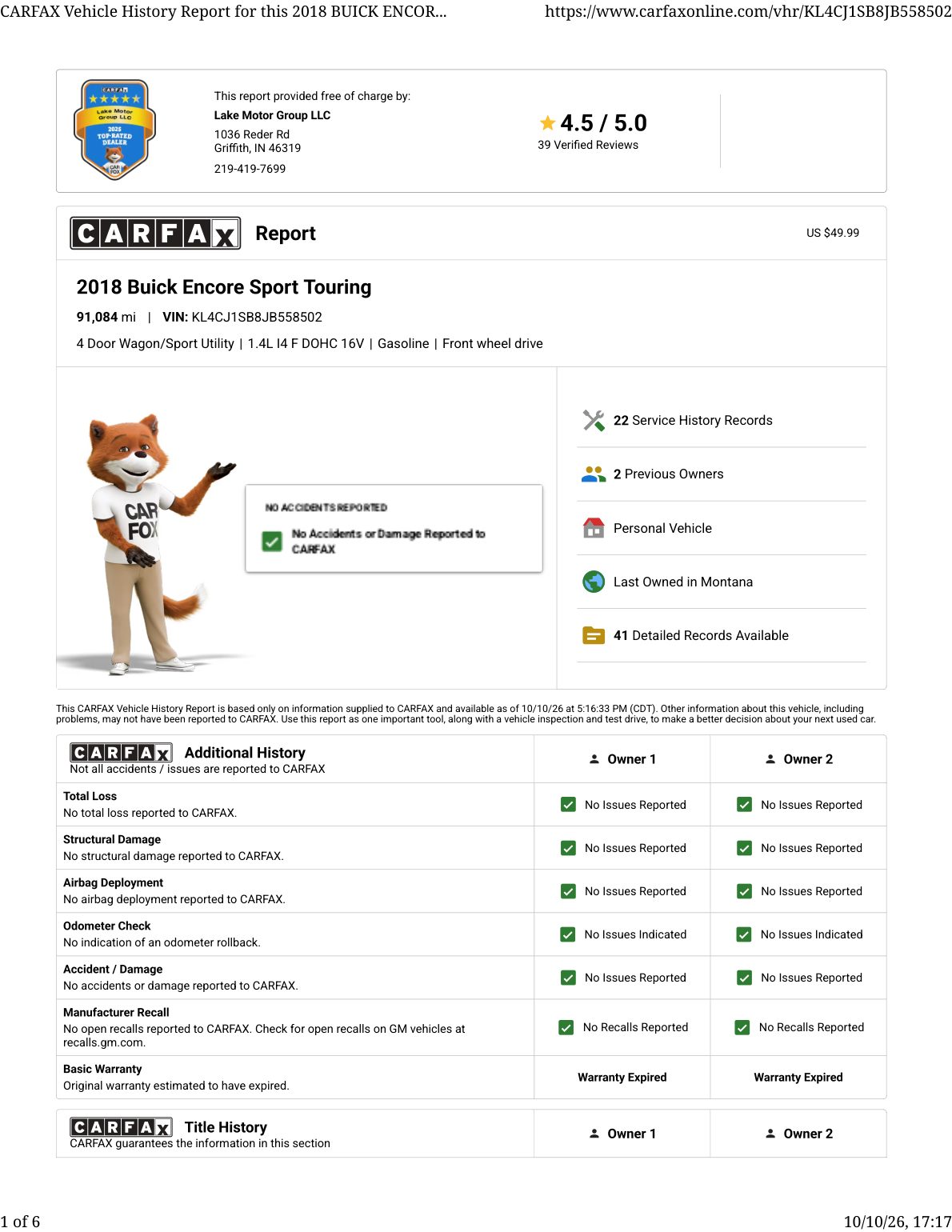 CARFAX vehicle history report — first page