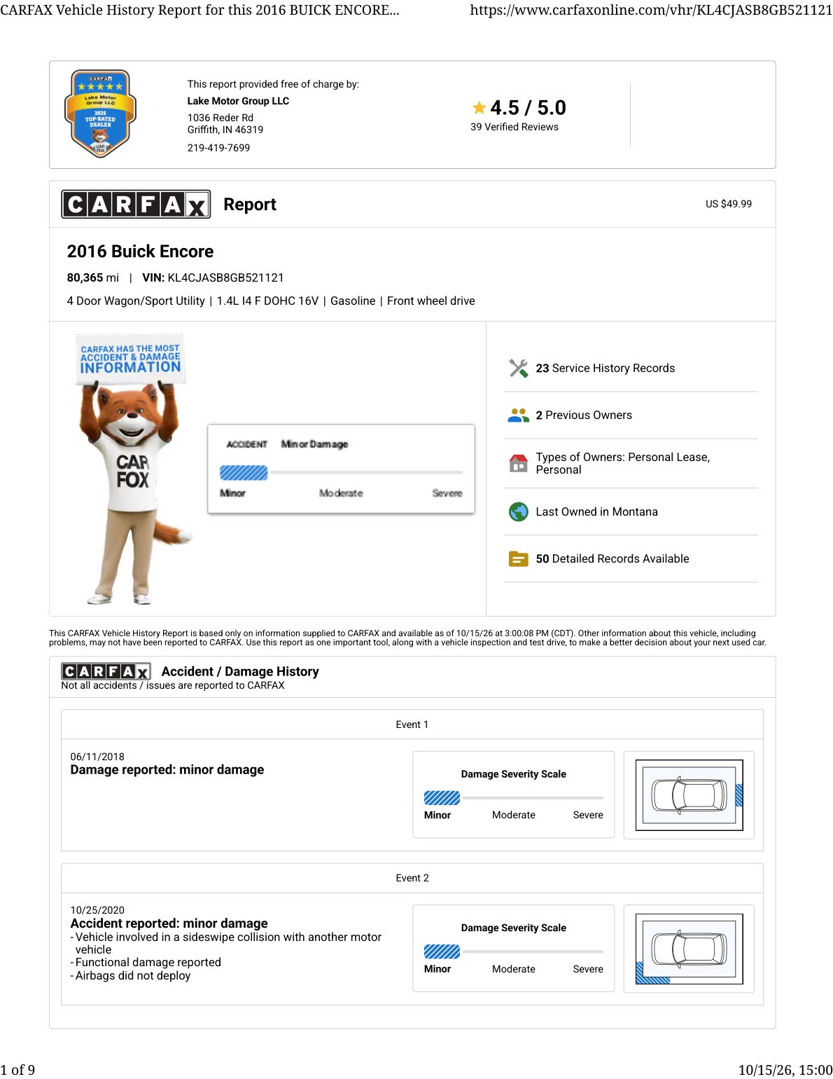 CARFAX vehicle history report — first page
