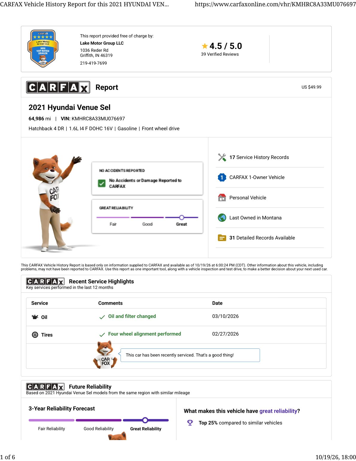 CARFAX vehicle history report — first page