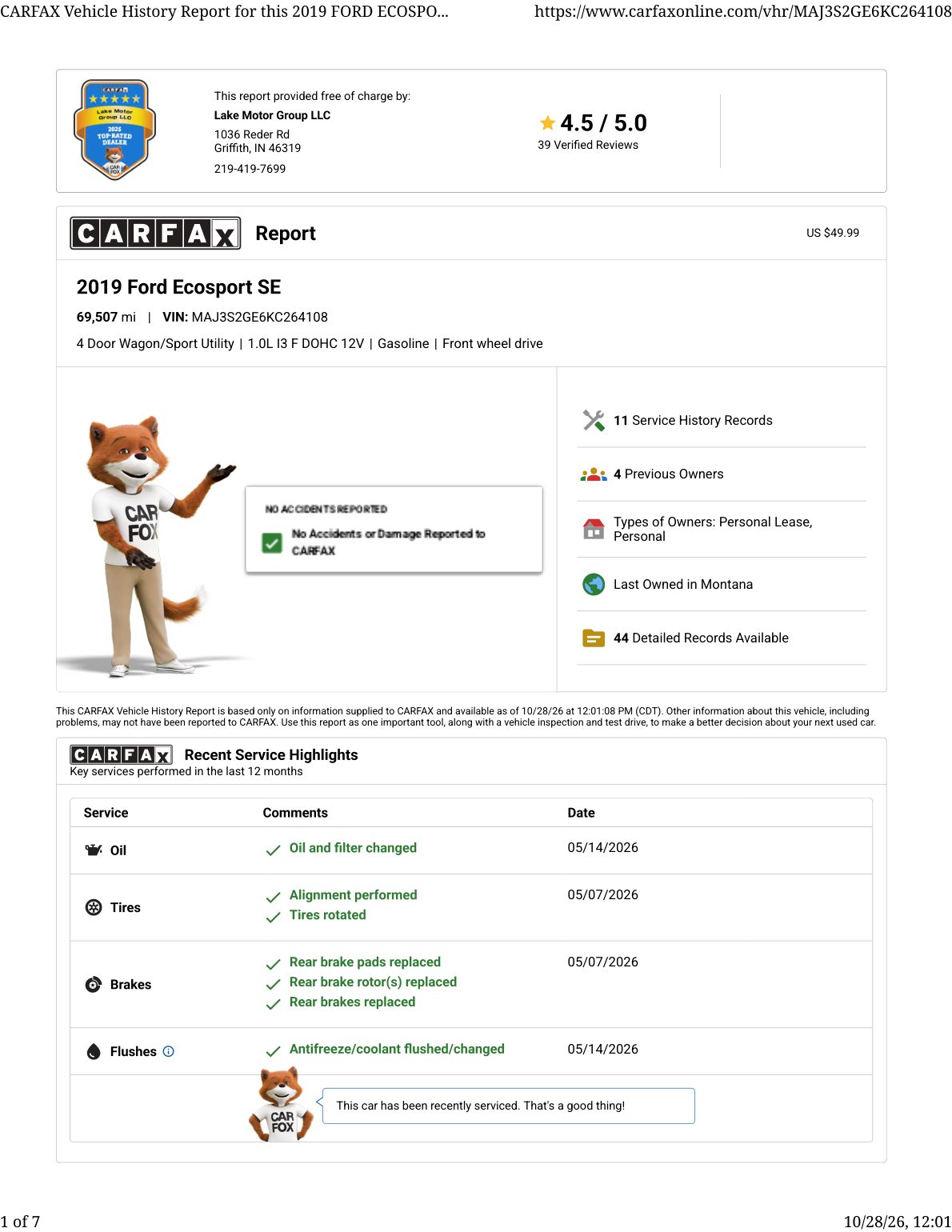 CARFAX vehicle history report — first page