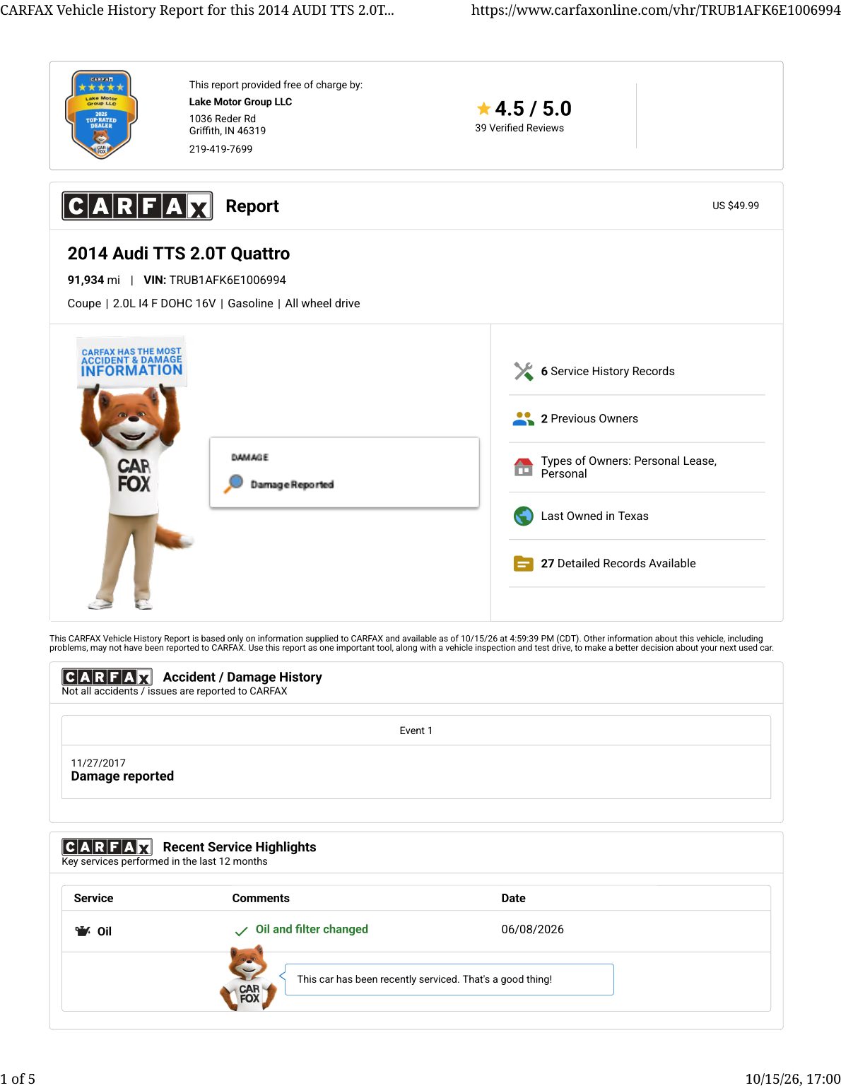 CARFAX vehicle history report — first page