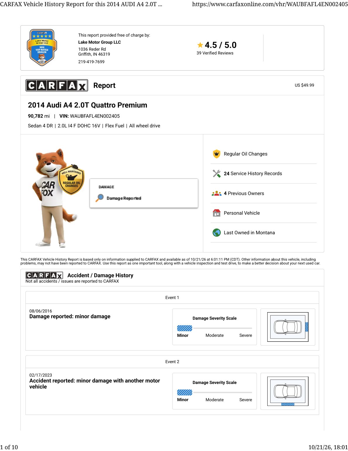 CARFAX vehicle history report — first page